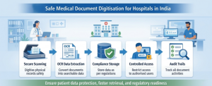 Healthcare staff in a modern Indian hospital scanning patient records and managing digital medical data through secure, compliant document digitisation systems.