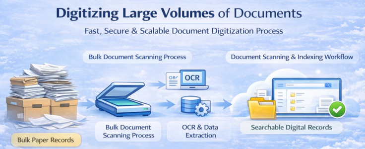 Bulk document digitization workflow showing paper records, scanning process, OCR data extraction, and searchable digital records