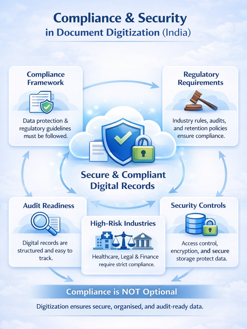 Infographic explaining compliance and security in document digitization in India including audit readiness, regulatory requirements and data protection