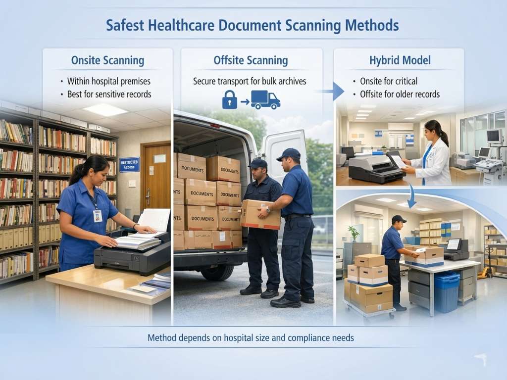 Healthcare staff using onsite scanners, secure document transport for offsite processing, and hybrid workflows, illustrating safe document scanning methods in hospitals.