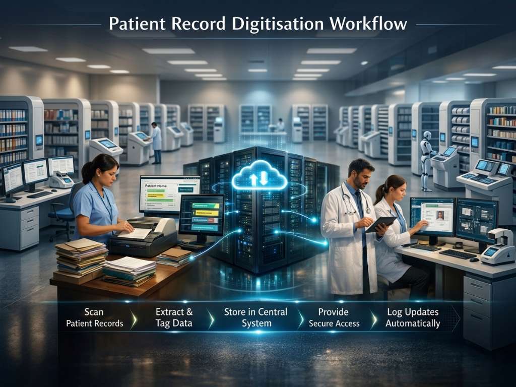 Step-by-step patient record digitisation workflow.