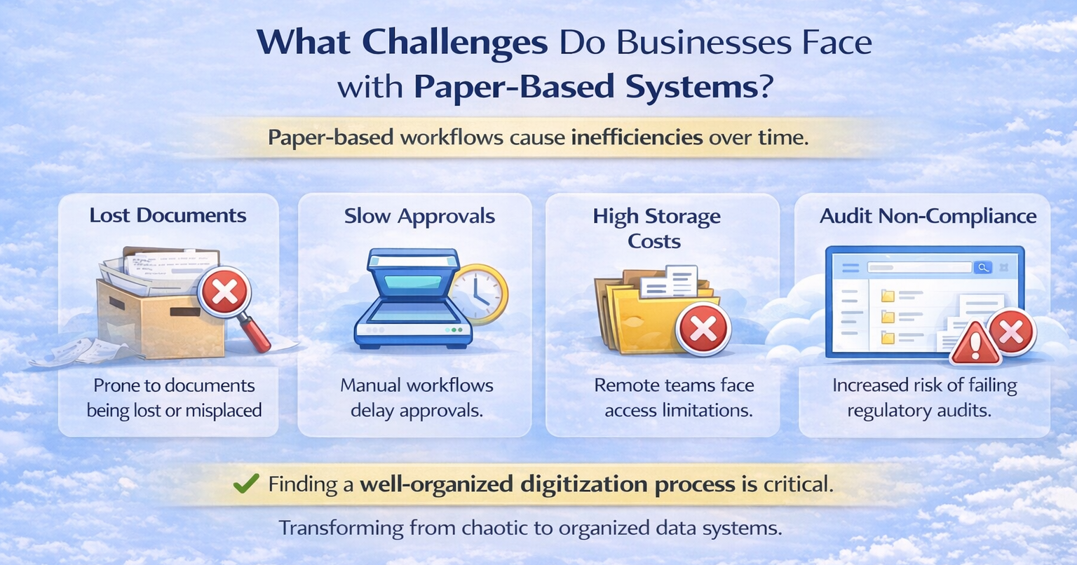 Challenges businesses face with paper-based systems including lost documents, slow approvals, high storage costs, and audit non-compliance